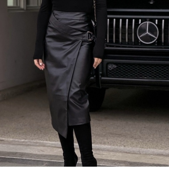 By Egreis Dresses & Skirts - Vegan leather Black Midi Skirt with Belt with Tags